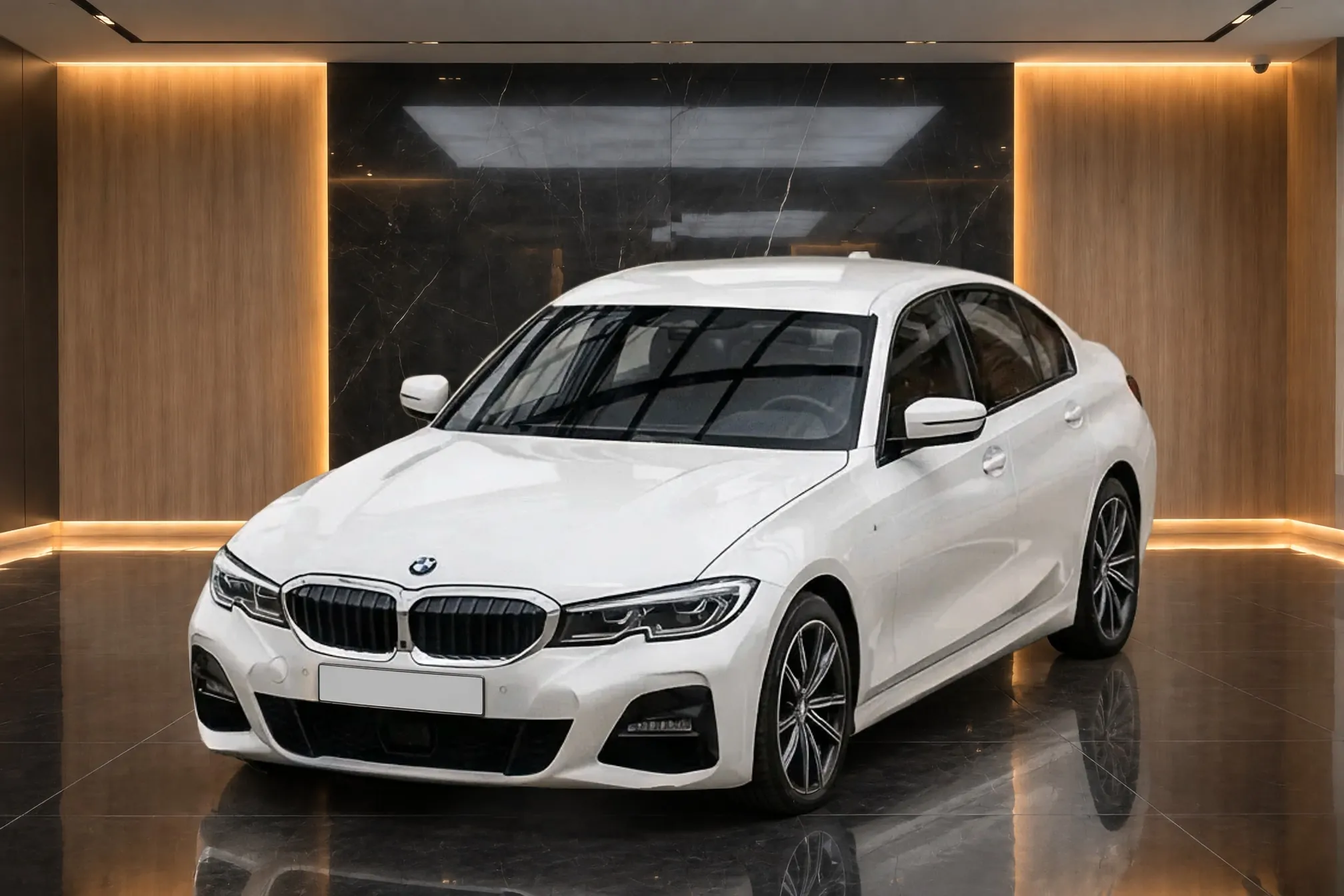 The same white BMW 3 Series standing in a Showroom with dark marble and wood-paneled walls, reflected in the glossy floor