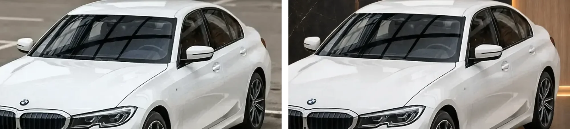 Two crops of the same white BMW 3 Series side by side: on the left in the lot photo, on the right in the finished Showroom photo, with the same grid of canopy beams reflected in the windshield in both