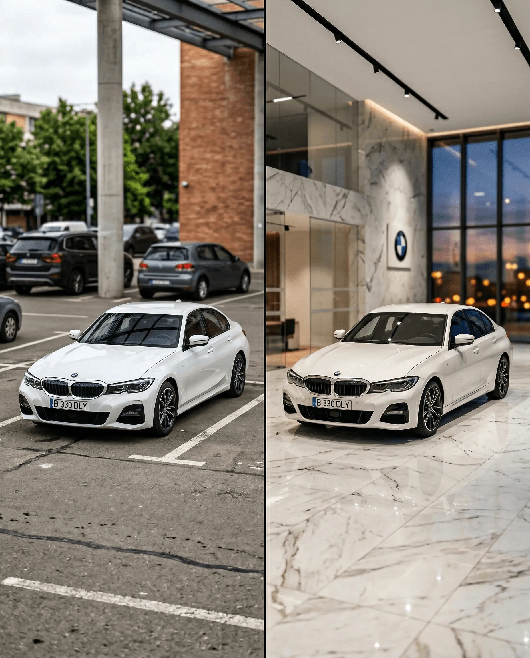 Car with original details preserved after AI background replacement