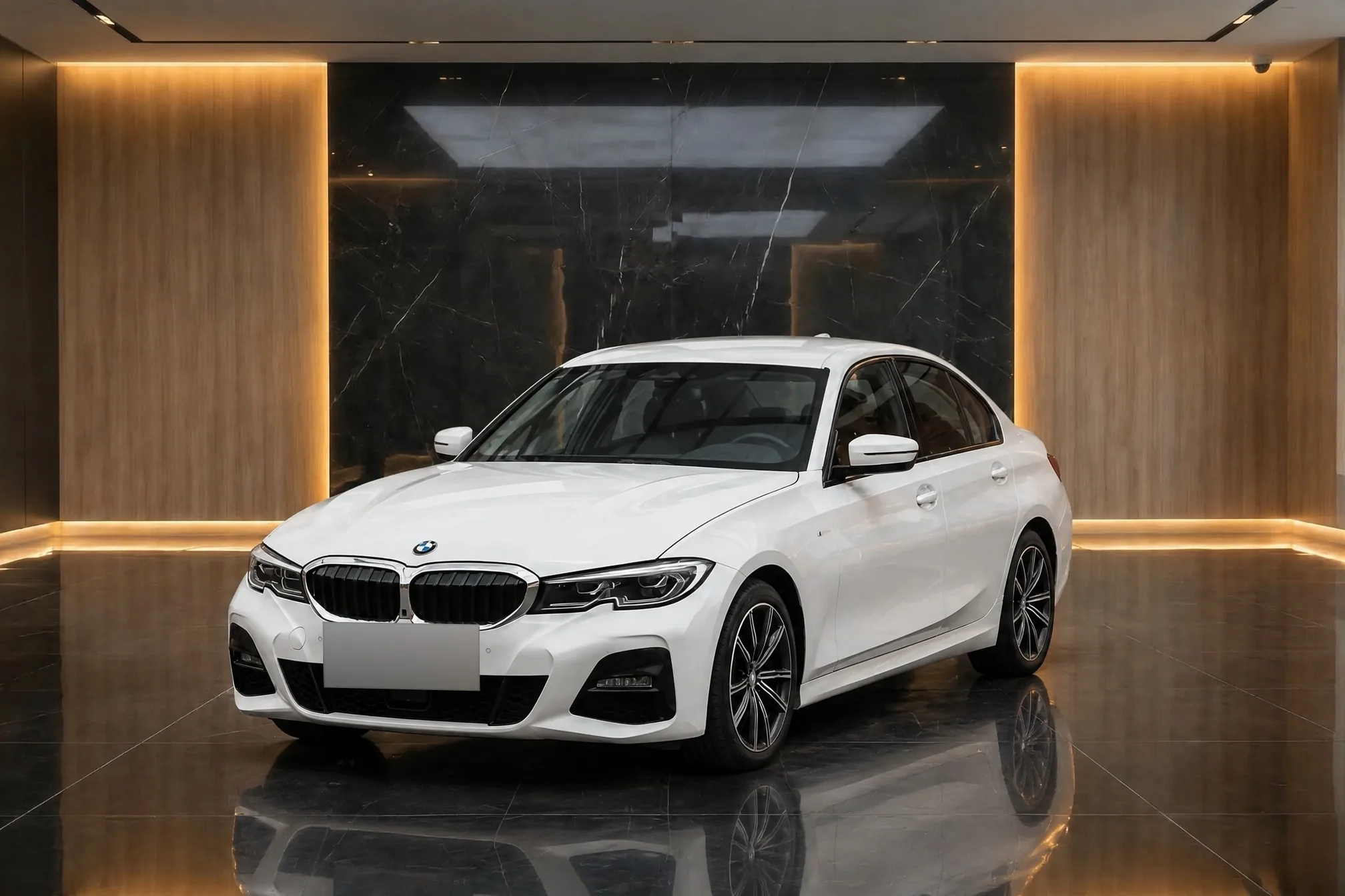The same BMW in a black marble showroom, finished by Clearcoat