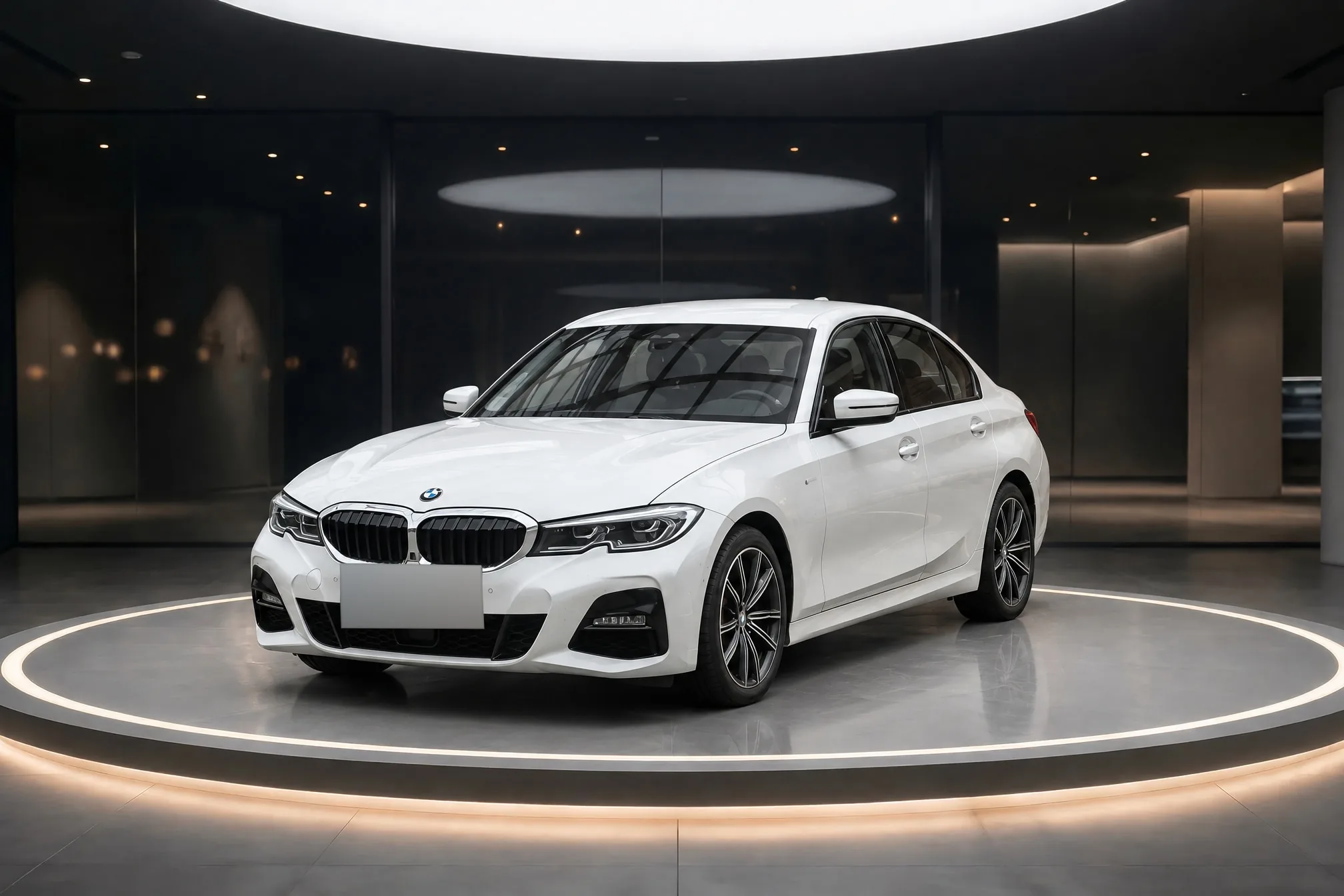 A white BMW 3 Series on a lit turntable in a dark showroom, finished by Clearcoat