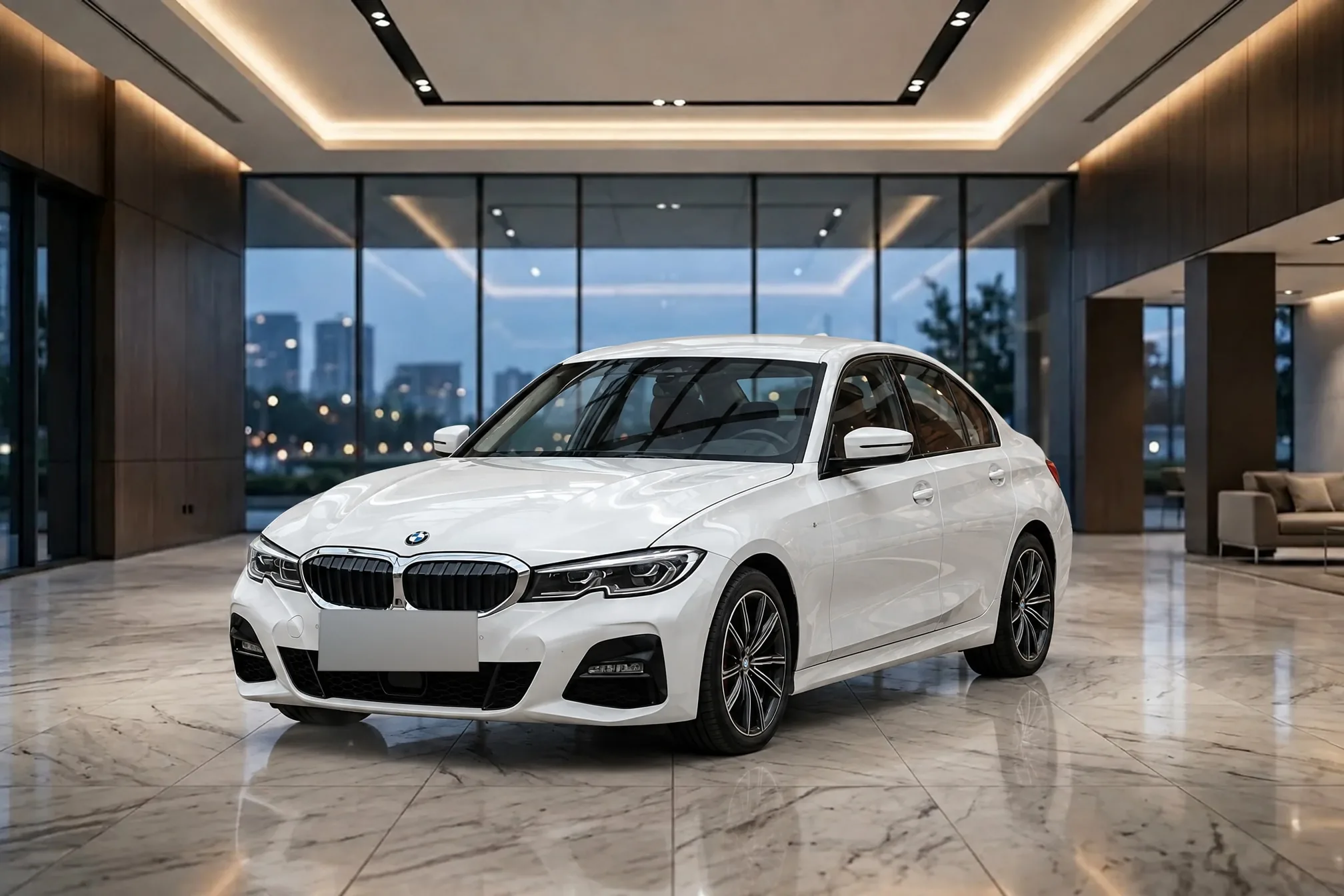 A white BMW 3 Series in a dealership with evening city lights, finished by Clearcoat