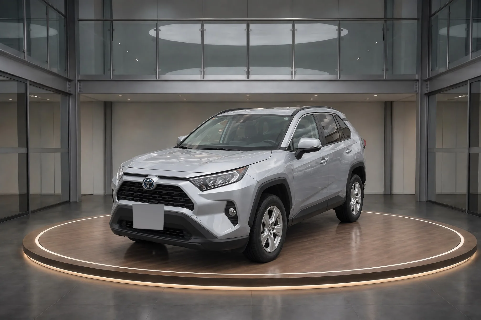 A silver Toyota RAV4 on a turntable in a glass atrium, finished by Clearcoat