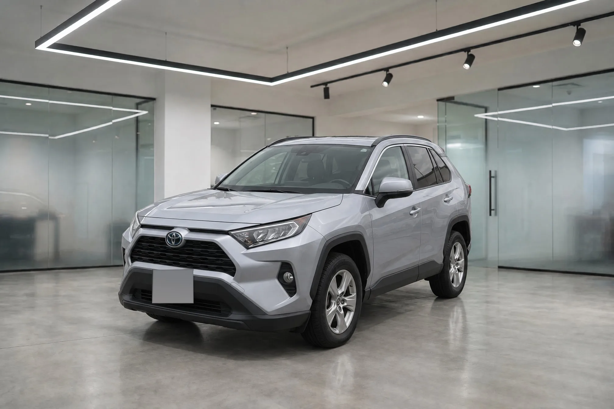 The same RAV4 in a glass showroom, finished by Clearcoat