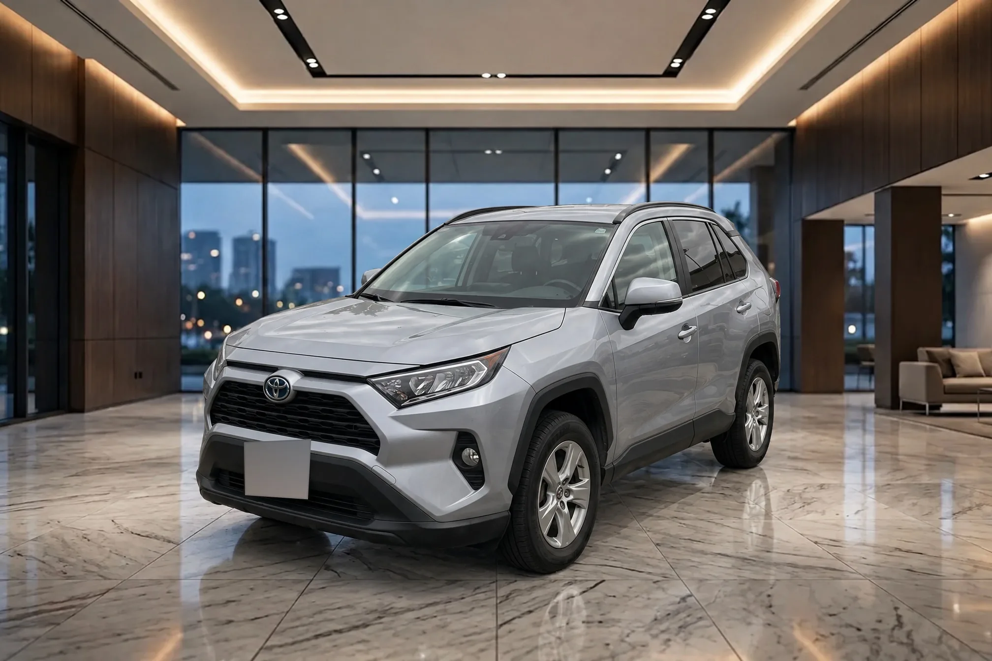 The same RAV4 from the lot photo, finished in the luxury dealership
