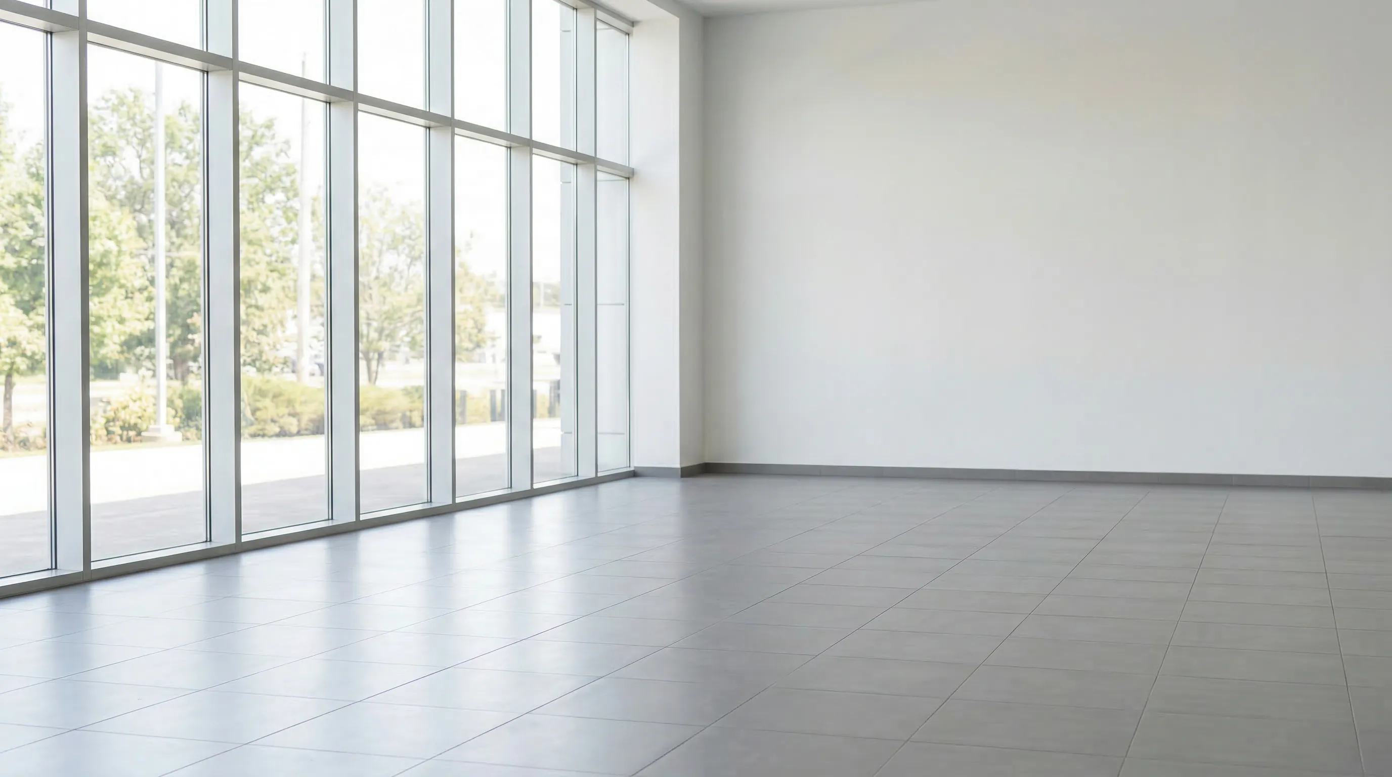 Car in bright dealership with overhead showroom lighting