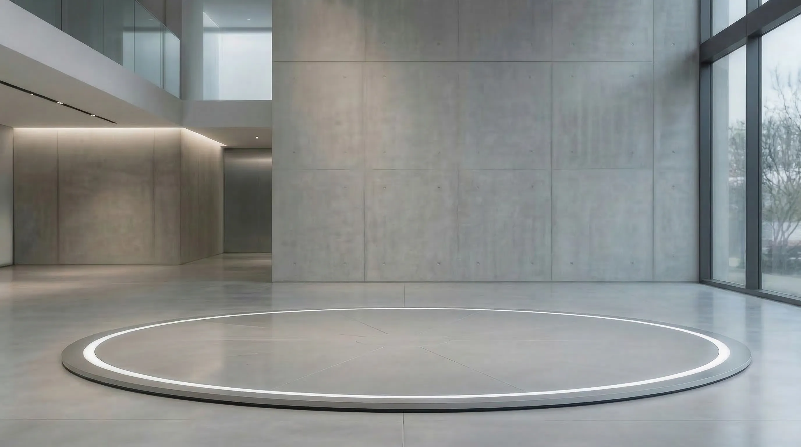 Car on concrete turntable with industrial studio backdrop