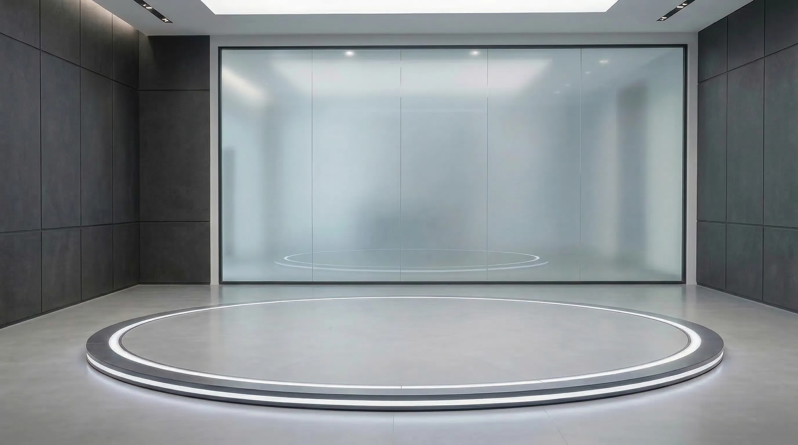 Car on dark turntable with spotlight presentation