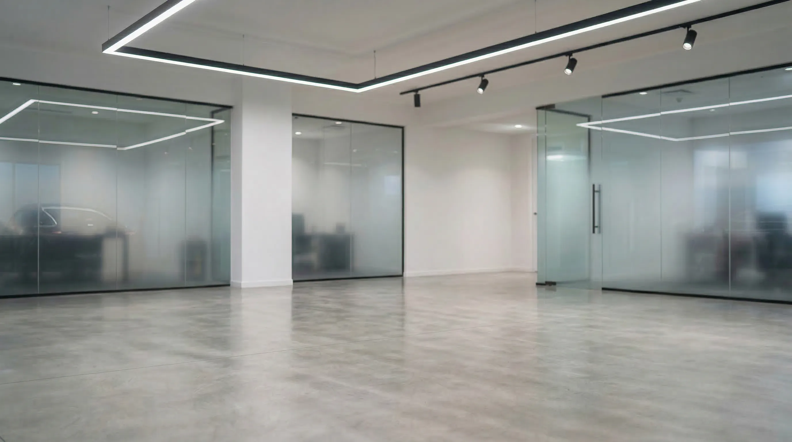Car in modern glass showroom with reflective floor