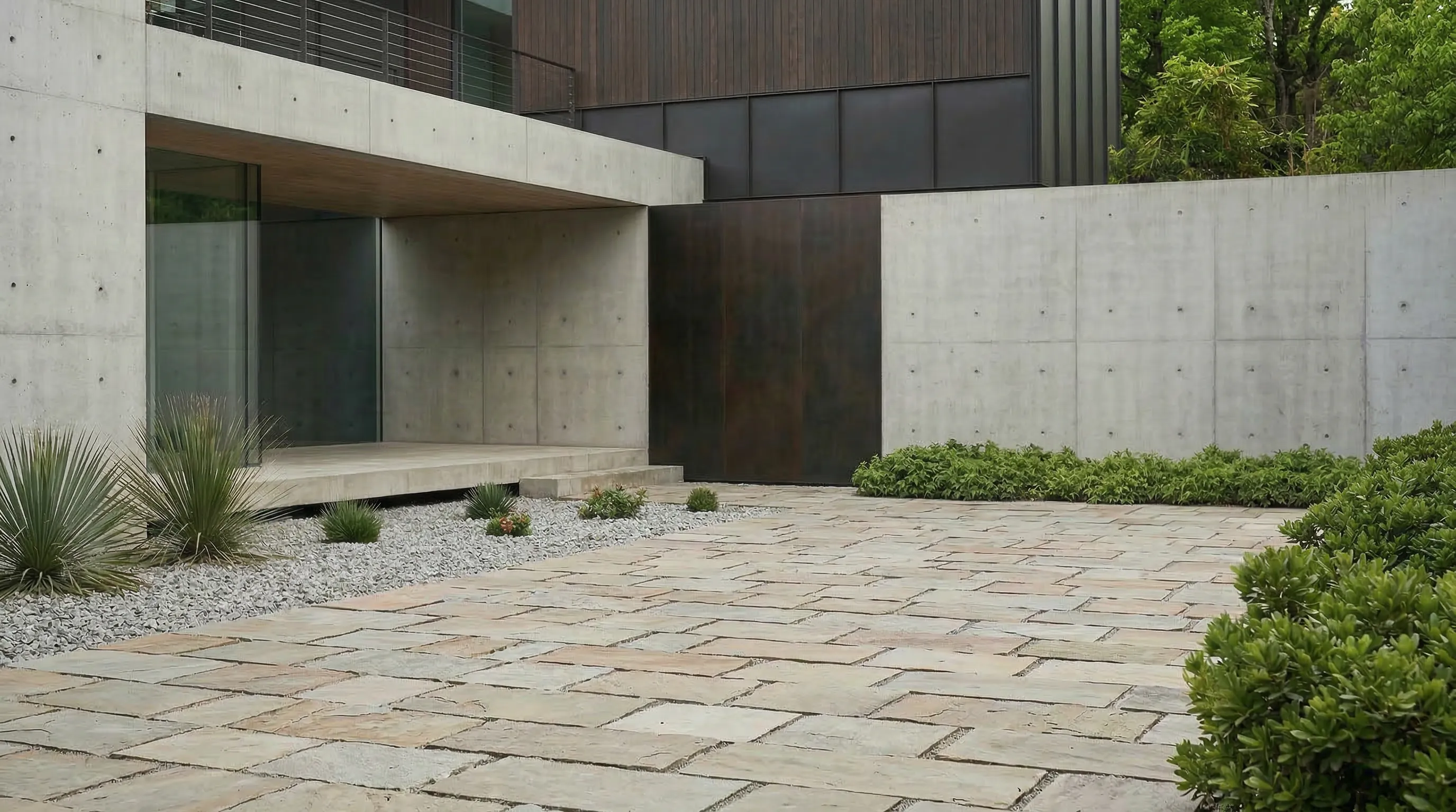 Car in modern villa courtyard with architectural backdrop